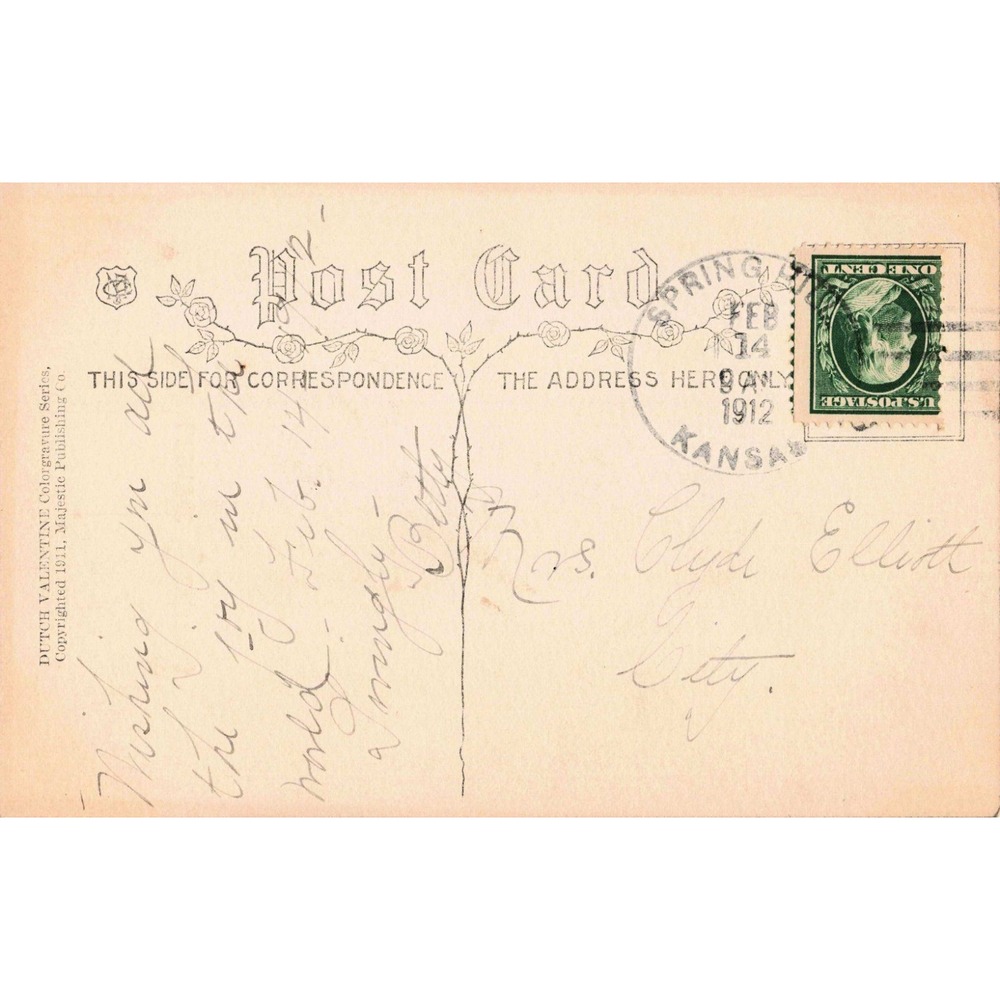 Vintage 1912 Dutch Valentine Postcard Majestic Publishing Co Rain Umbrella VG - Picture 2 of 2